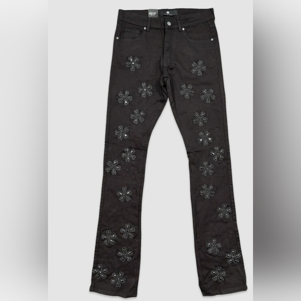 Ksubi Black and Blue Floral Embellished Stack Jeans